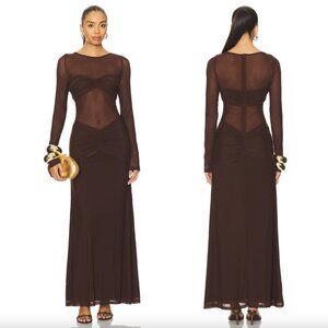 Runaway The Label Romy Ruched Maxi Dress in Bitter Chocolate Brown Long Sleeve